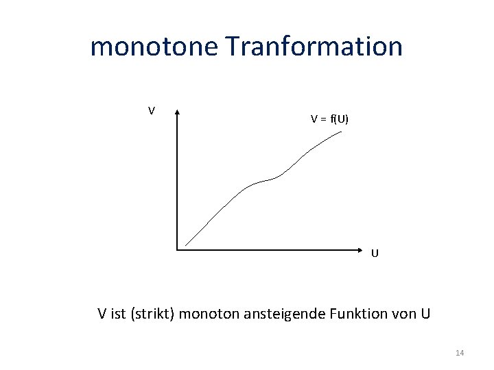 monotone Tranformation V V = f(U) U V ist (strikt) monoton ansteigende Funktion von