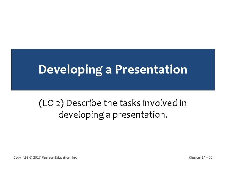 Developing a Presentation (LO 2) Describe the tasks involved in developing a presentation. Copyright