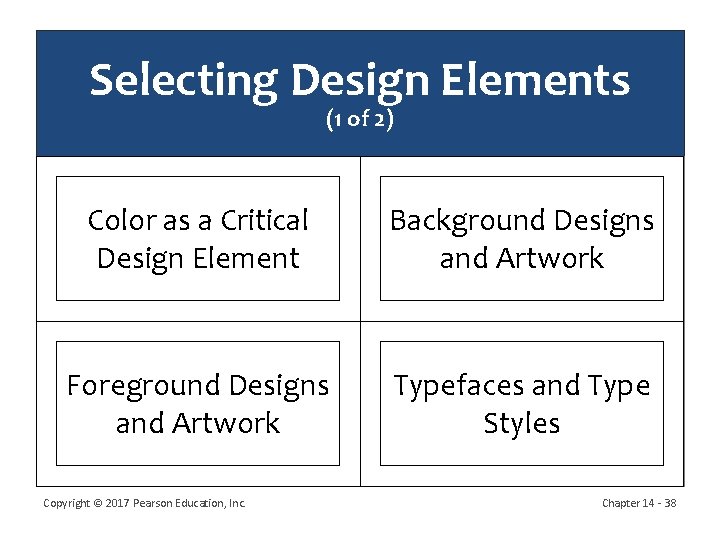 Selecting Design Elements (1 of 2) Color as a Critical Design Element Background Designs