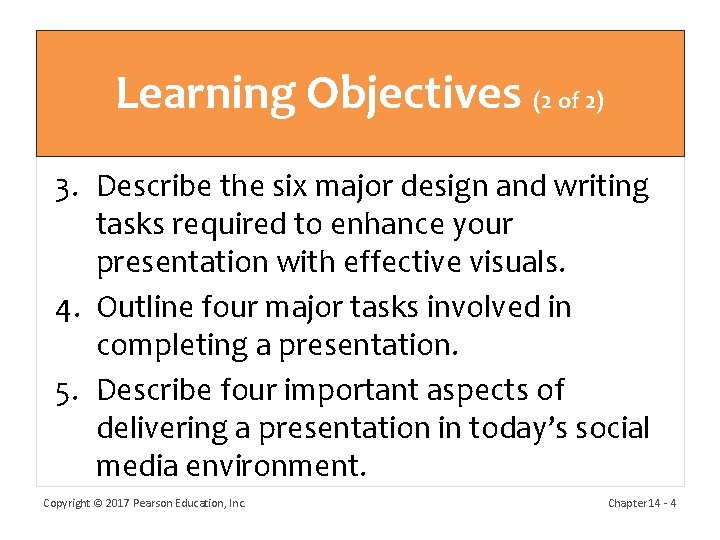 Learning Objectives (2 of 2) 3. Describe the six major design and writing tasks