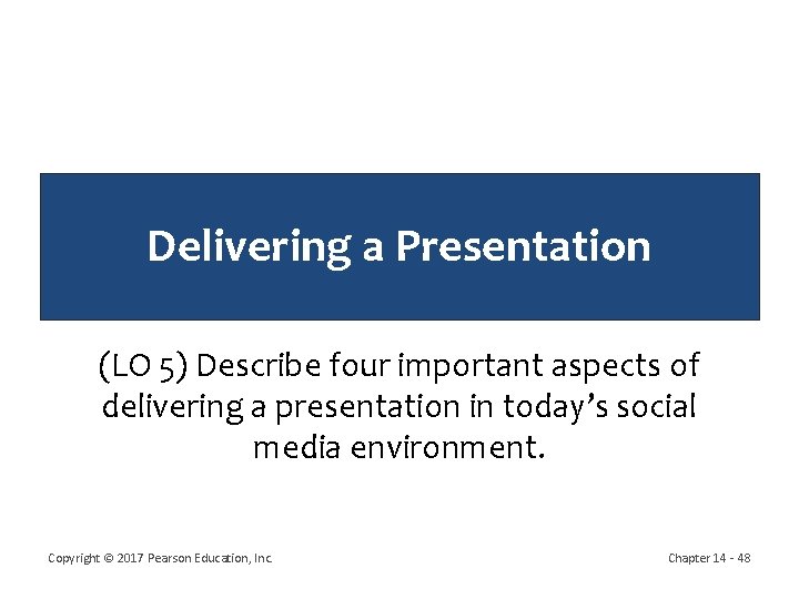 Delivering a Presentation (LO 5) Describe four important aspects of delivering a presentation in