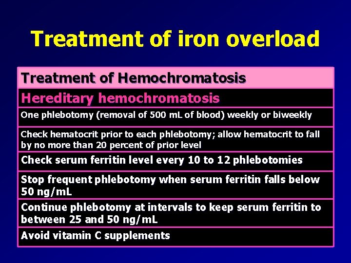 Treatment of iron overload Treatment of Hemochromatosis Hereditary hemochromatosis One phlebotomy (removal of 500