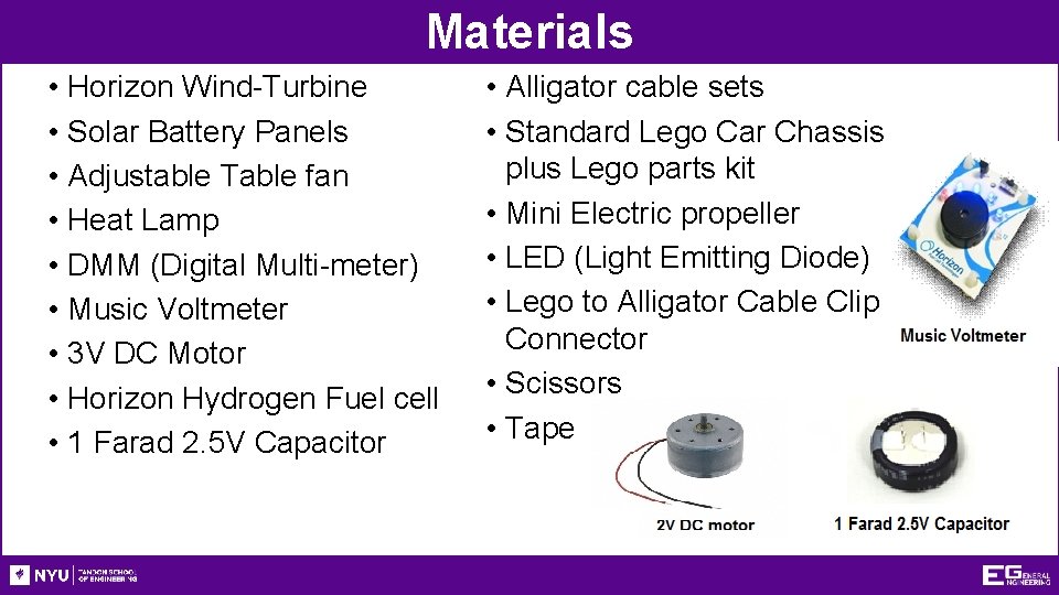 Materials • Horizon Wind-Turbine • Solar Battery Panels • Adjustable Table fan • Heat