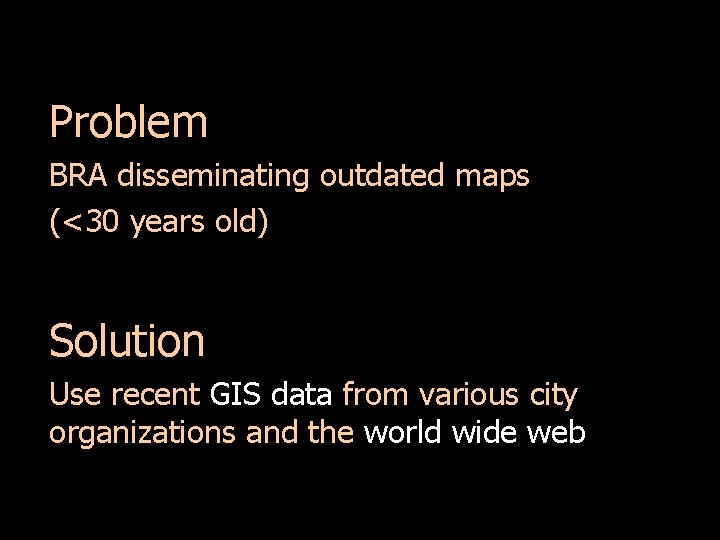 Problem BRA disseminating outdated maps (<30 years old) Solution Use recent GIS data from
