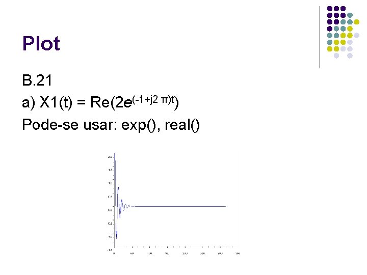 Plot B. 21 a) X 1(t) = Re(2 e(-1+j 2 π)t) Pode-se usar: exp(),