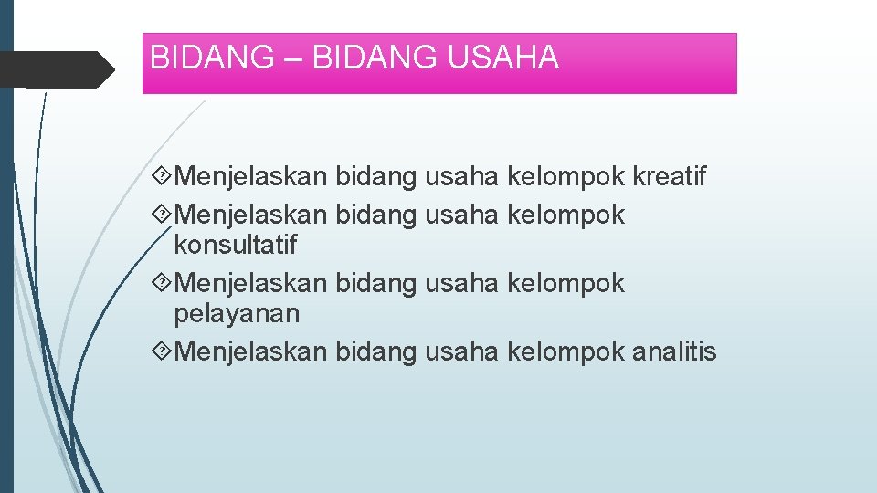 BIDANG – BIDANG USAHA Menjelaskan bidang usaha kelompok kreatif Menjelaskan bidang usaha kelompok konsultatif