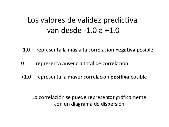 Los valores de validez predictiva van desde -1, 0 a +1, 0 -1, 0