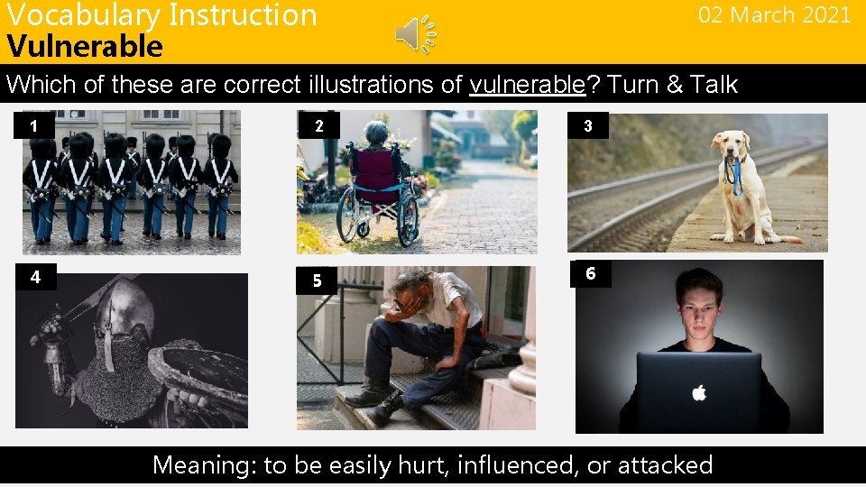 Vocabulary Instruction Vulnerable 02 March 2021 Which of these are correct illustrations of vulnerable?