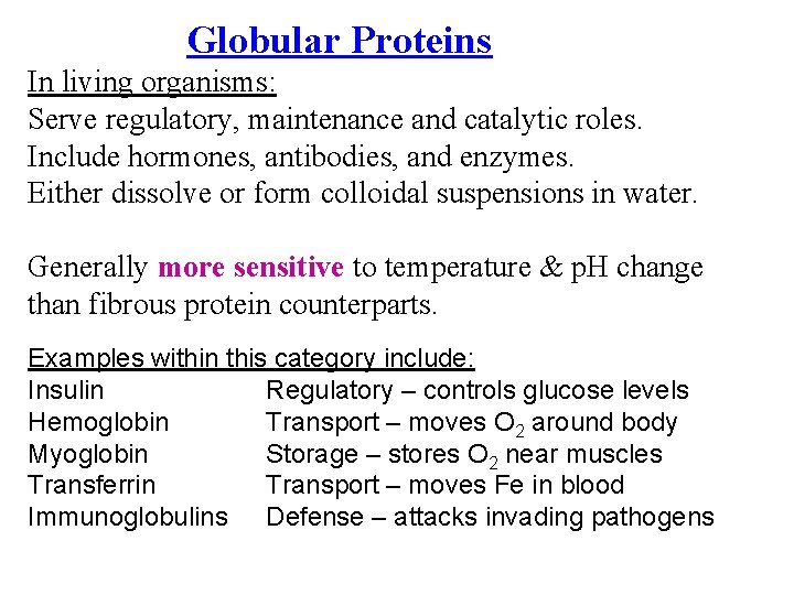 Globular Proteins In living organisms: Serve regulatory, maintenance and catalytic roles. Include hormones, antibodies,