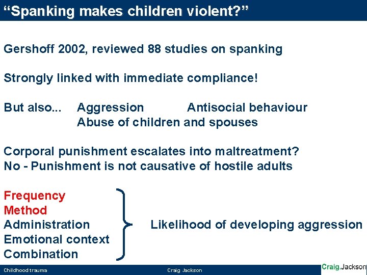 “Spanking makes children violent? ” Gershoff 2002, reviewed 88 studies on spanking Strongly linked