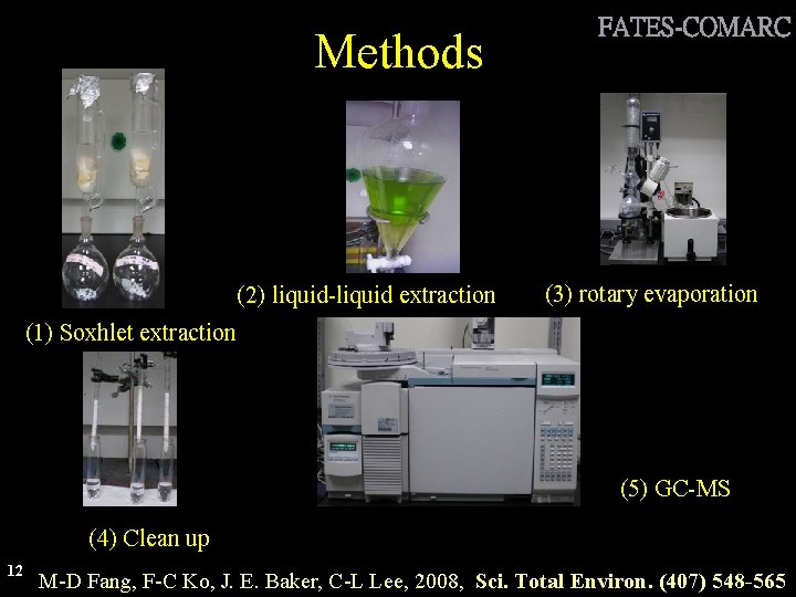 Methods (2) liquid-liquid extraction FATES-COMARC (3) rotary evaporation (1) Soxhlet extraction (5) GC-MS (4)