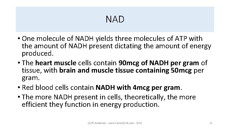 NAD • One molecule of NADH yields three molecules of ATP with the amount