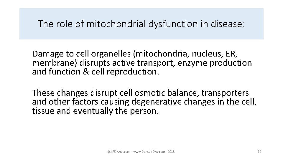 The role of mitochondrial dysfunction in disease: Damage to cell organelles (mitochondria, nucleus, ER,
