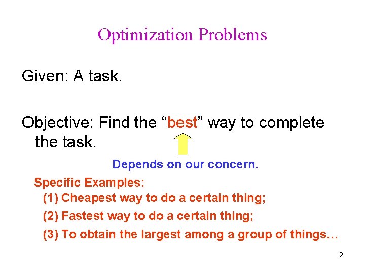 Optimization Problems Given: A task. Objective: Find the “best” way to complete the task.
