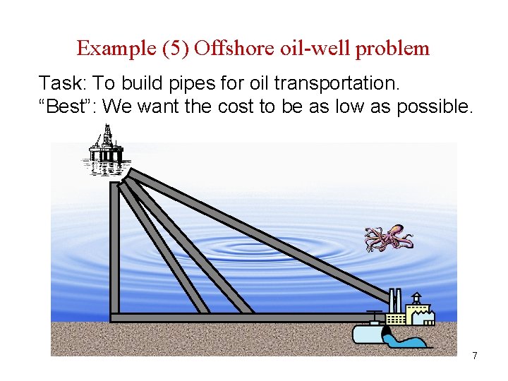 Example (5) Offshore oil-well problem Task: To build pipes for oil transportation. “Best”: We