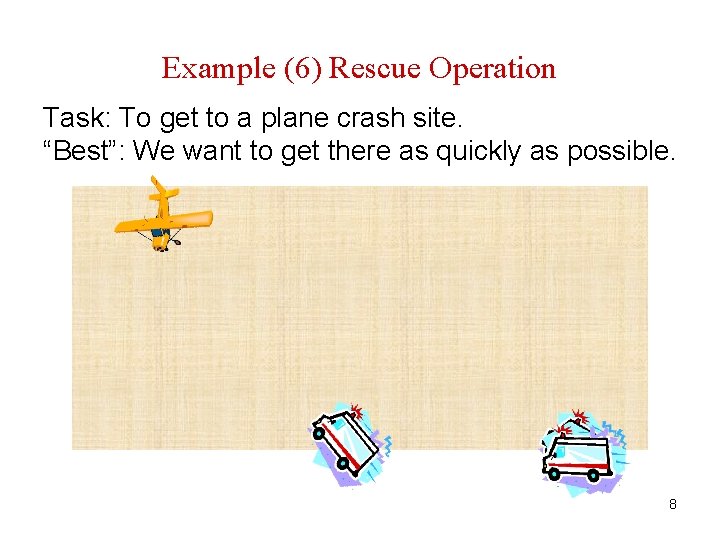 Example (6) Rescue Operation Task: To get to a plane crash site. “Best”: We
