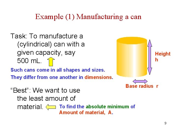 Example (1) Manufacturing a can Task: To manufacture a (cylindrical) can with a given