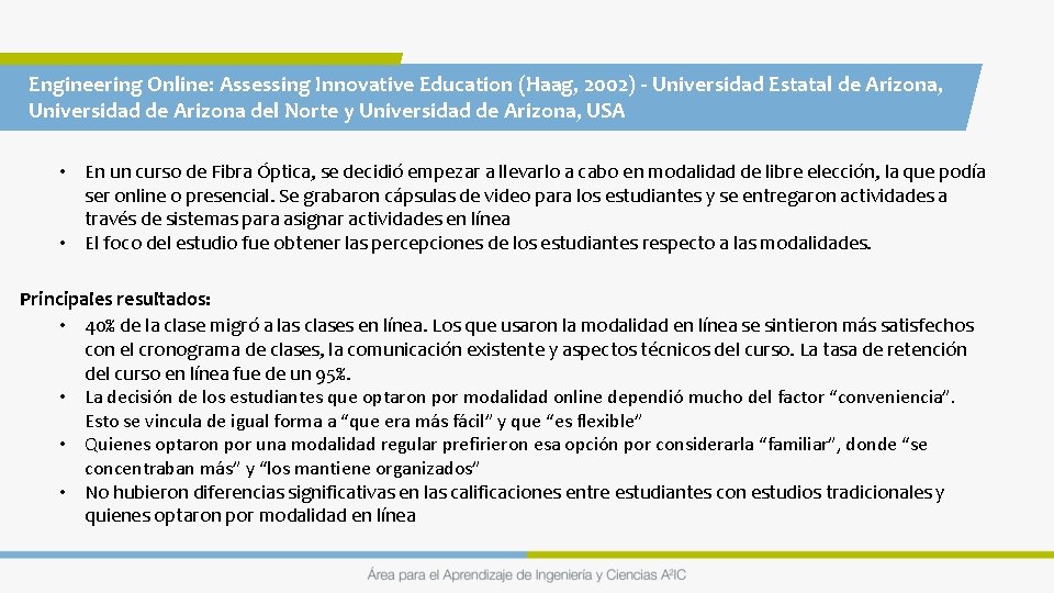 Engineering Online: Assessing Innovative Education (Haag, 2002) - Universidad Estatal de Arizona, Universidad de