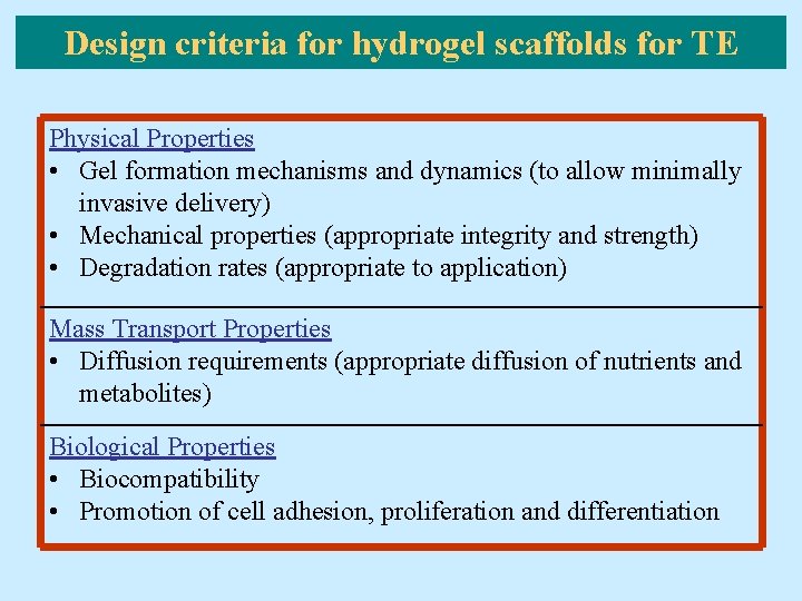 Design criteria for hydrogel scaffolds for TE Physical Properties • Gel formation mechanisms and