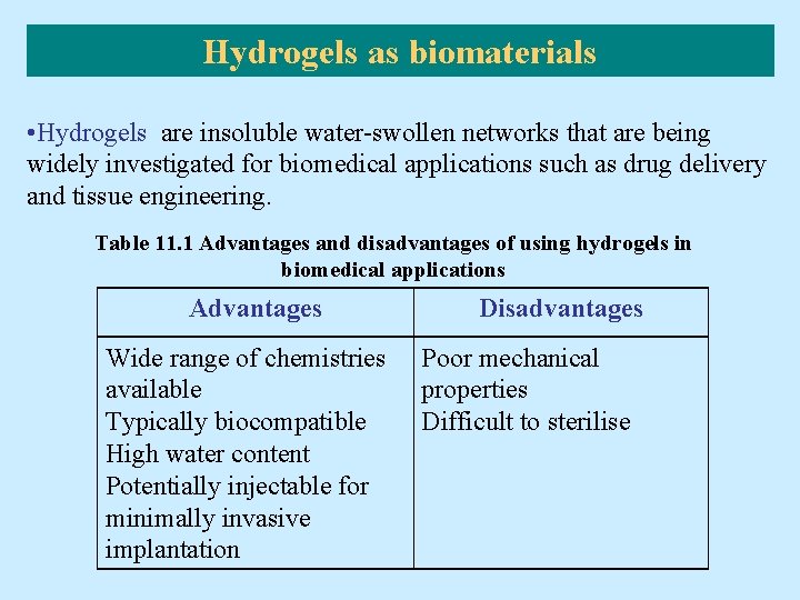 Hydrogels as biomaterials • Hydrogels are insoluble water-swollen networks that are being widely investigated