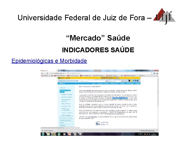 Universidade Federal de Juiz de Fora – UFJF “Mercado” Saúde INDICADORES SAÚDE Epidemiológicas e