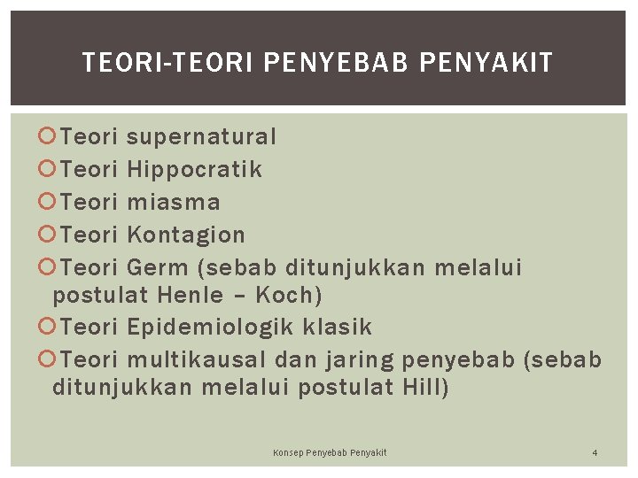 TEORI-TEORI PENYEBAB PENYAKIT Teori supernatural Teori Hippocratik Teori miasma Teori Kontagion Teori Germ (sebab