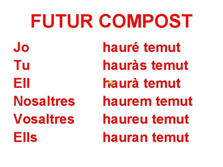 FUTUR COMPOST Jo Tu Ell Nosaltres Vosaltres Ells hauré temut hauràs temut haurà temut