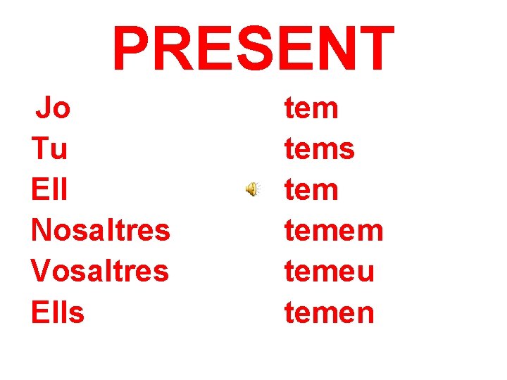 PRESENT Jo Tu Ell Nosaltres Vosaltres Ells tem temem temeu temen 