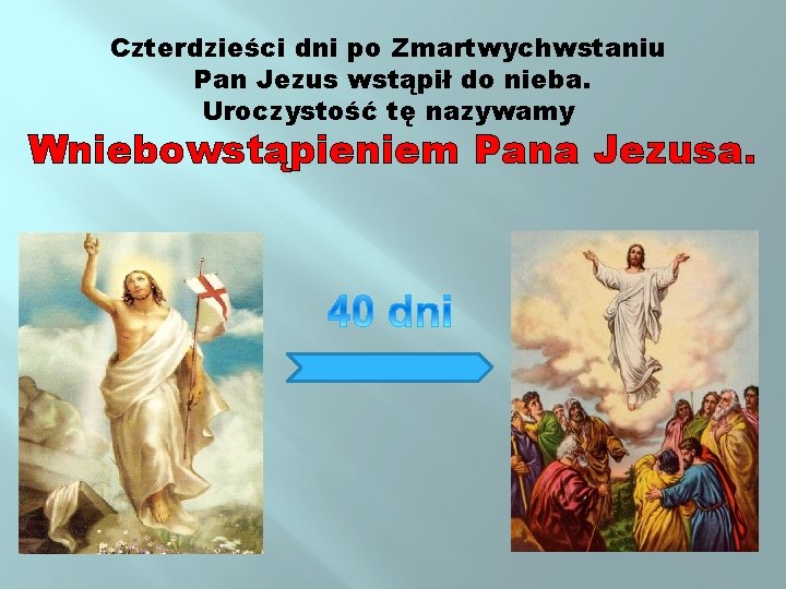 Czterdzieści dni po Zmartwychwstaniu Pan Jezus wstąpił do nieba. Uroczystość tę nazywamy Wniebowstąpieniem Pana