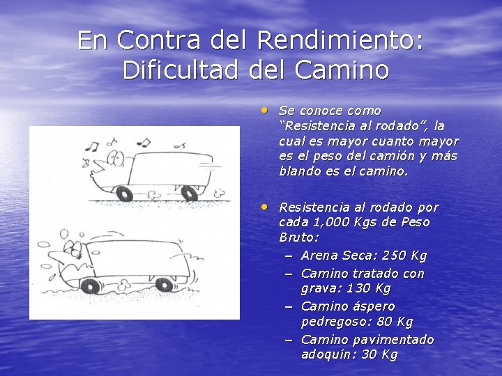 En Contra del Rendimiento: Dificultad del Camino • Se conoce como “Resistencia al rodado”,