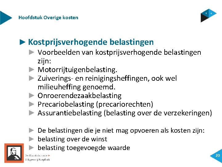 Hoofdstuk Overige kosten ► Kostprijsverhogende belastingen ► Voorbeelden van kostprijsverhogende belastingen zijn: ► Motorrijtuigenbelasting.