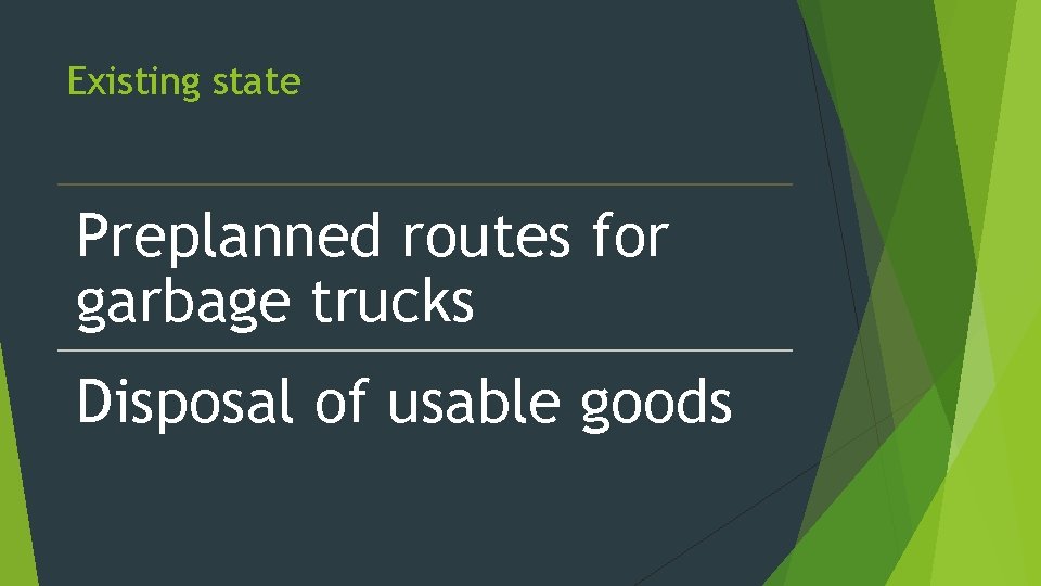 Existing state Preplanned routes for garbage trucks Disposal of usable goods 