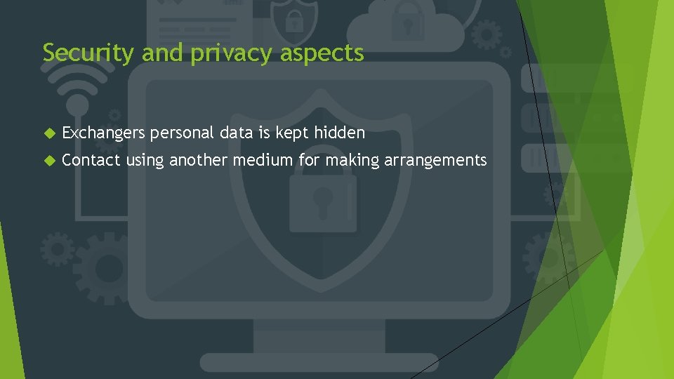 Security and privacy aspects Exchangers personal data is kept hidden Contact using another medium