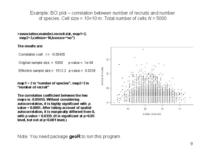 Example: BCI plot – correlation between number of recruits and number of species. Cell