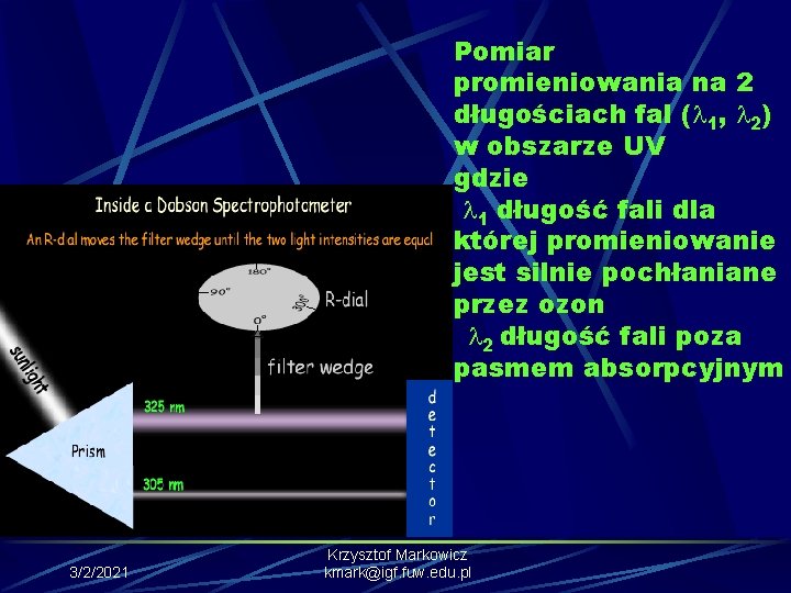 Pomiar promieniowania na 2 długościach fal ( 1, 2) w obszarze UV gdzie 1