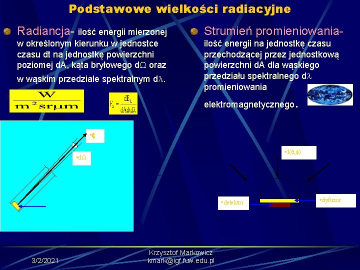 Podstawowe wielkości radiacyjne Radiancja- ilość energii mierzonej Strumień promieniowania- w określonym kierunku w jednostce