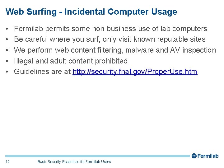 Web Surfing - Incidental Computer Usage • • • 12 Fermilab permits some non