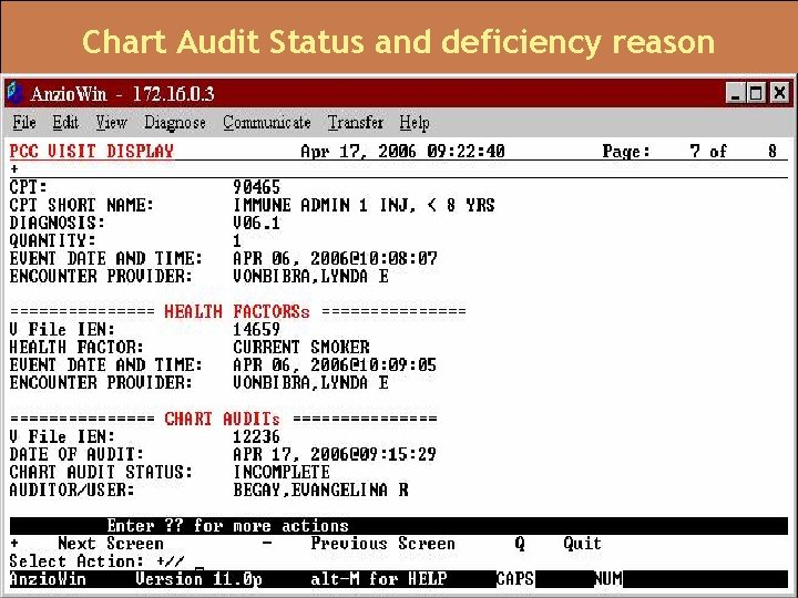 Chart Audit Status and deficiency reason 