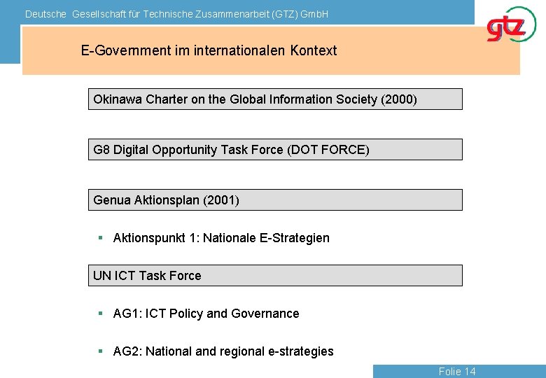 Deutsche Gesellschaft für Technische Zusammenarbeit (GTZ) Gmb. H E-Government im internationalen Kontext Okinawa Charter