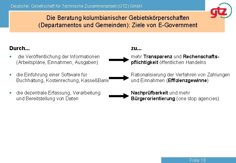 Deutsche Gesellschaft für Technische Zusammenarbeit (GTZ) Gmb. H Die Beratung kolumbianischer Gebietskörperschaften (Departamentos und