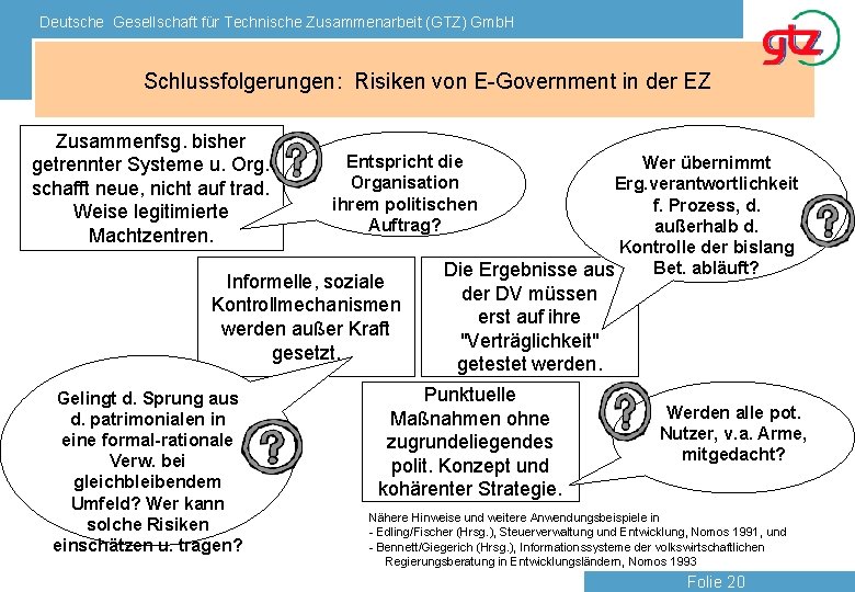 Deutsche Gesellschaft für Technische Zusammenarbeit (GTZ) Gmb. H Schlussfolgerungen: Risiken von E-Government in der