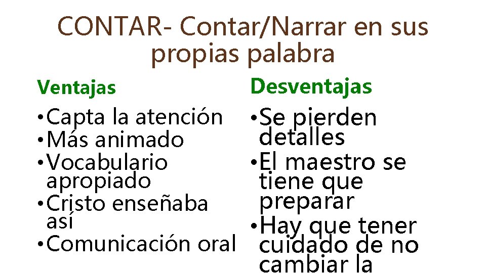 CONTAR- Contar/Narrar en sus propias palabra Ventajas Desventajas • Capta la atención • Se