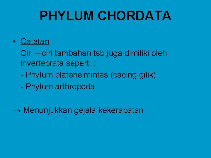 PHYLUM CHORDATA • Catatan : Ciri – ciri tambahan tsb juga dimiliki oleh invertebrata