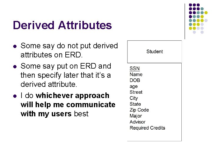Derived Attributes l l l Some say do not put derived attributes on ERD.
