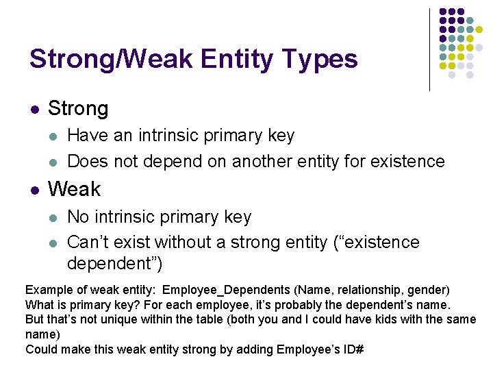 Strong/Weak Entity Types l Strong l l l Have an intrinsic primary key Does