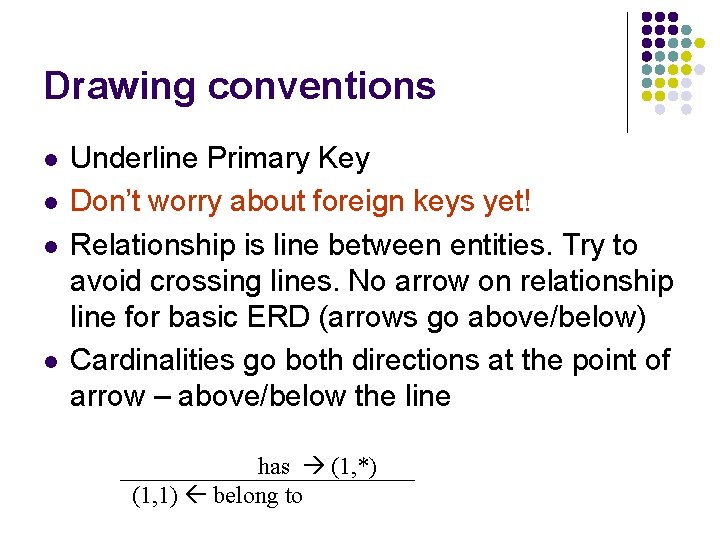 Drawing conventions l l Underline Primary Key Don’t worry about foreign keys yet! Relationship