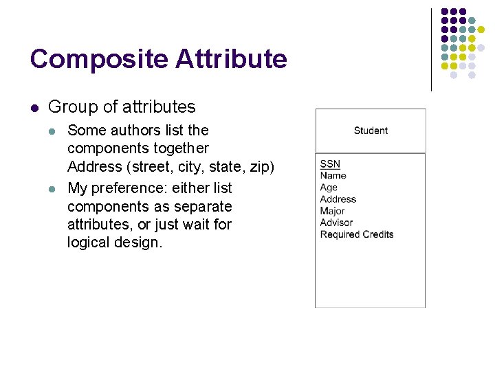 Composite Attribute l Group of attributes l l Some authors list the components together