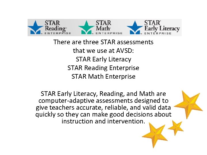 There are three STAR assessments that we use at AVSD: STAR Early Literacy STAR