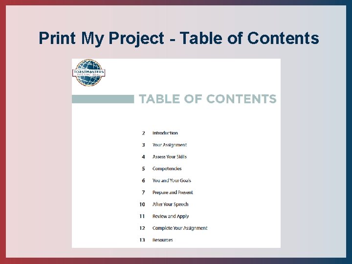 Print My Project - Table of Contents 