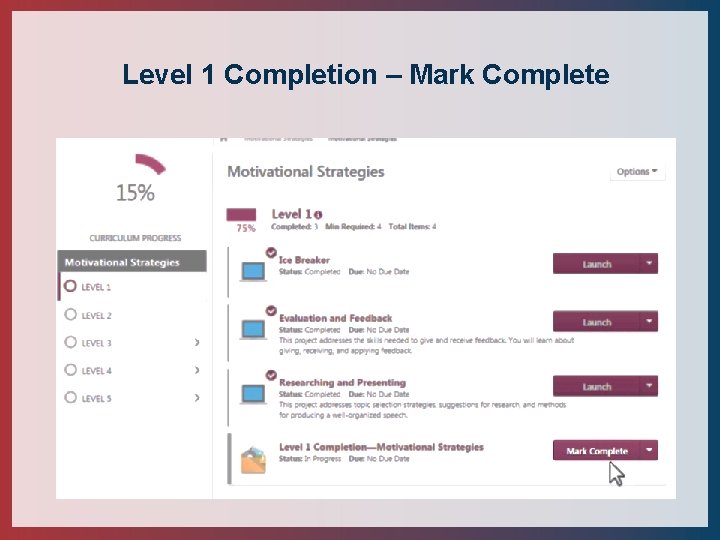 Level 1 Completion – Mark Complete 